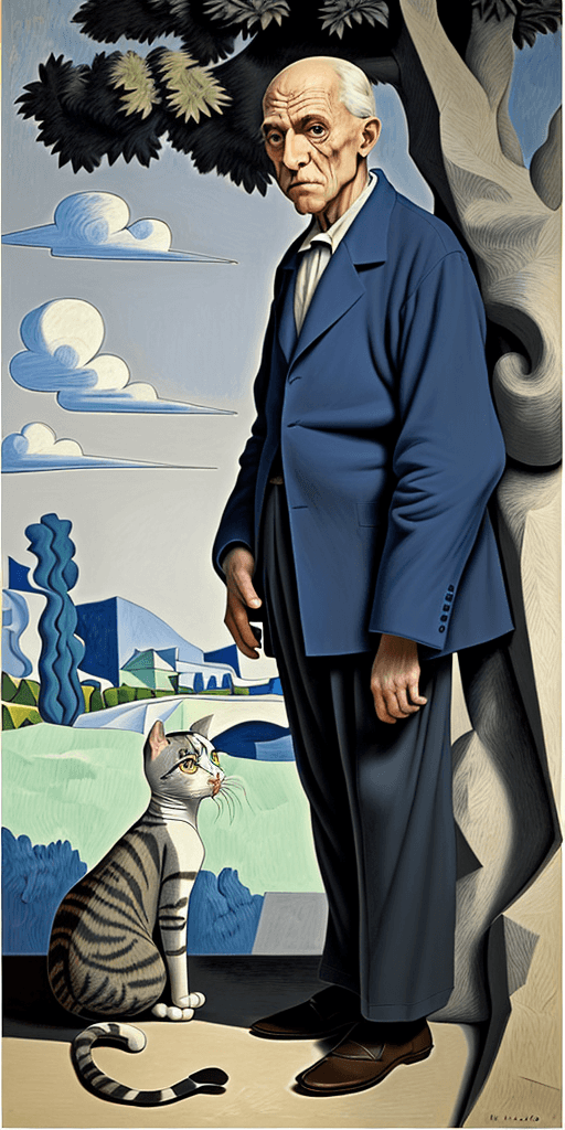 AI generated: Full height side view Portrait of an old man Pablo Picasso standing near a tree and looking at the s...