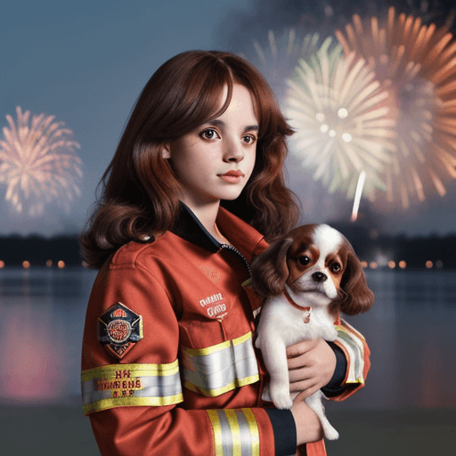 AI generated: Cute cavalier king charles spaniel in fire brigade Jacket with Fireworks