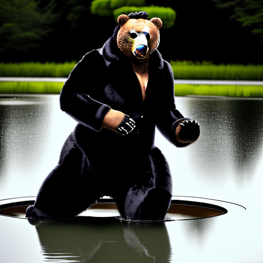AI generated: a tall bear dressed in fur looking like Elvis has a high heeled black shoe in his hand which he star...