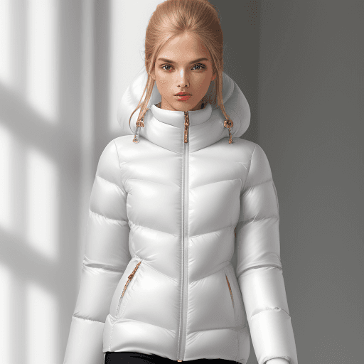 AI generated: girl model Lightweight down jacket white Color O-silhouette cocoon slim fit or fitted lamé topstitch...