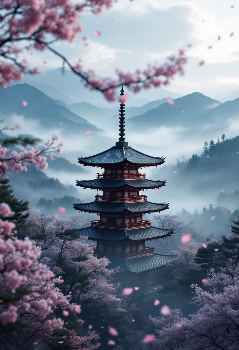 AI generated: cinematic Japanese pagoda in misty mountain valley, mid-range framing, full architectural detail wit...