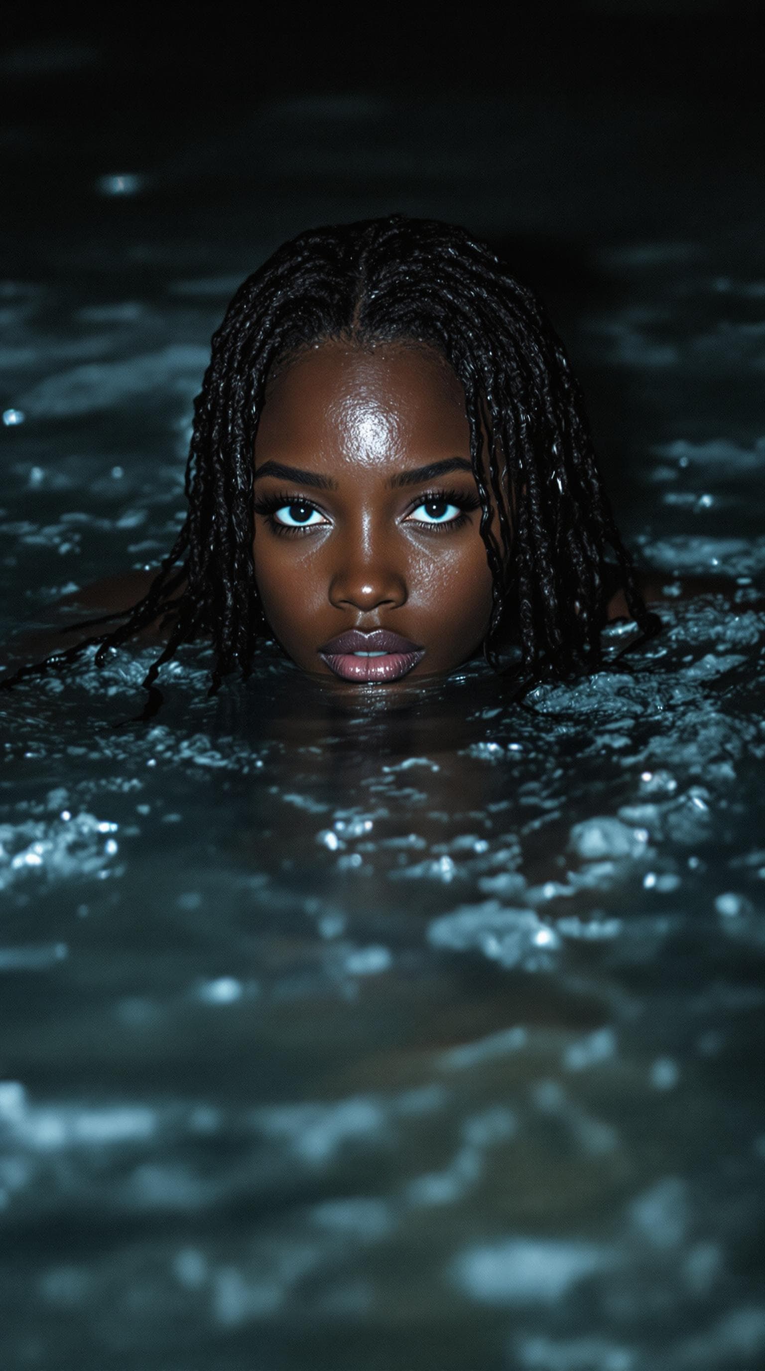 AI generated: hot spring in a river flow, a black African  woman with long wet  hair and blue eyes  swims in the w...