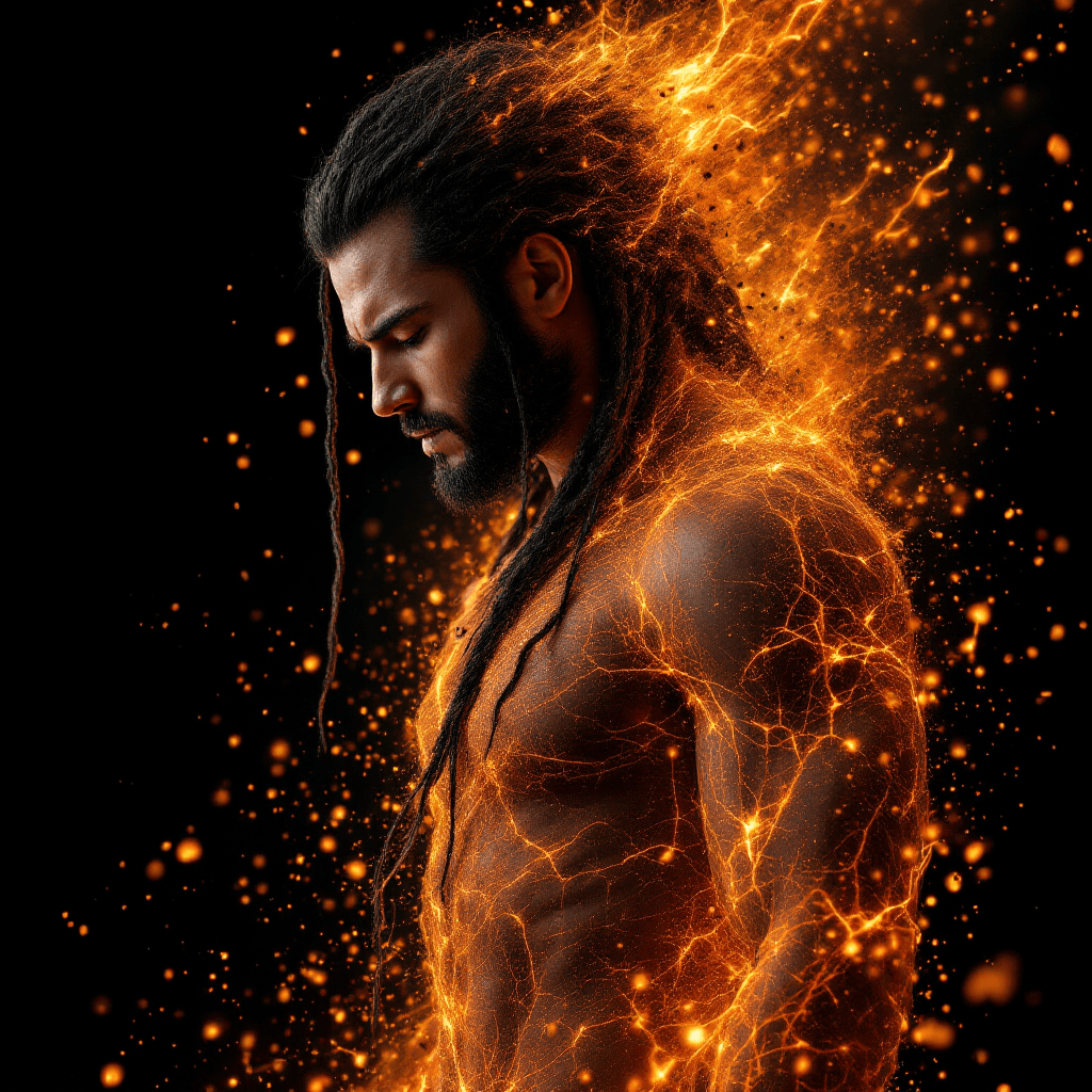 AI generated: Young model with long black braids hair as a god of fire disintegrating form lunging, hyperrealistic...