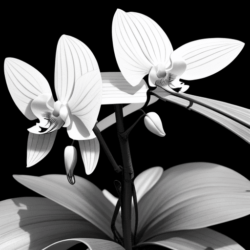 AI generated: Oriental orchid with 9 black and white, gray and sharp leaves