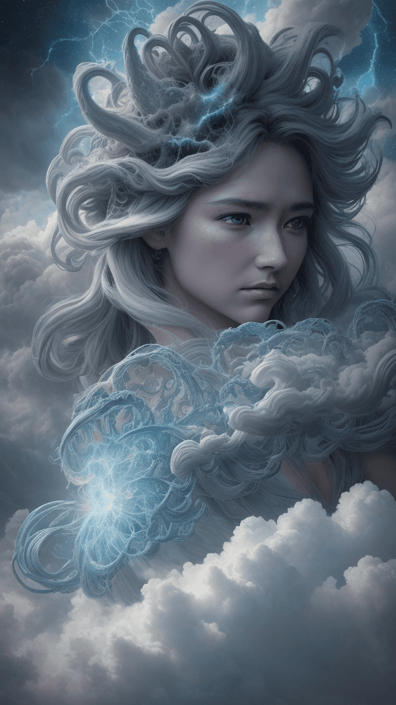 AI generated: ((closeup (HDR) A celestial war unfolded in the ethereal heavens as thick clouds formed an awe-inspi...