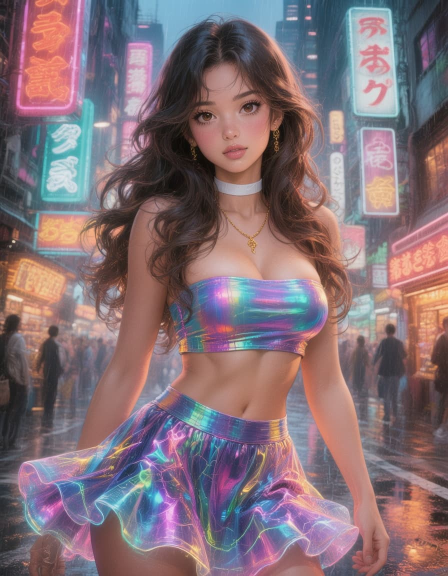 AI generated: <lora:-Omnious-:1.0>a highly detailed digital illustration depicting neon-lit cityscape at night, th...