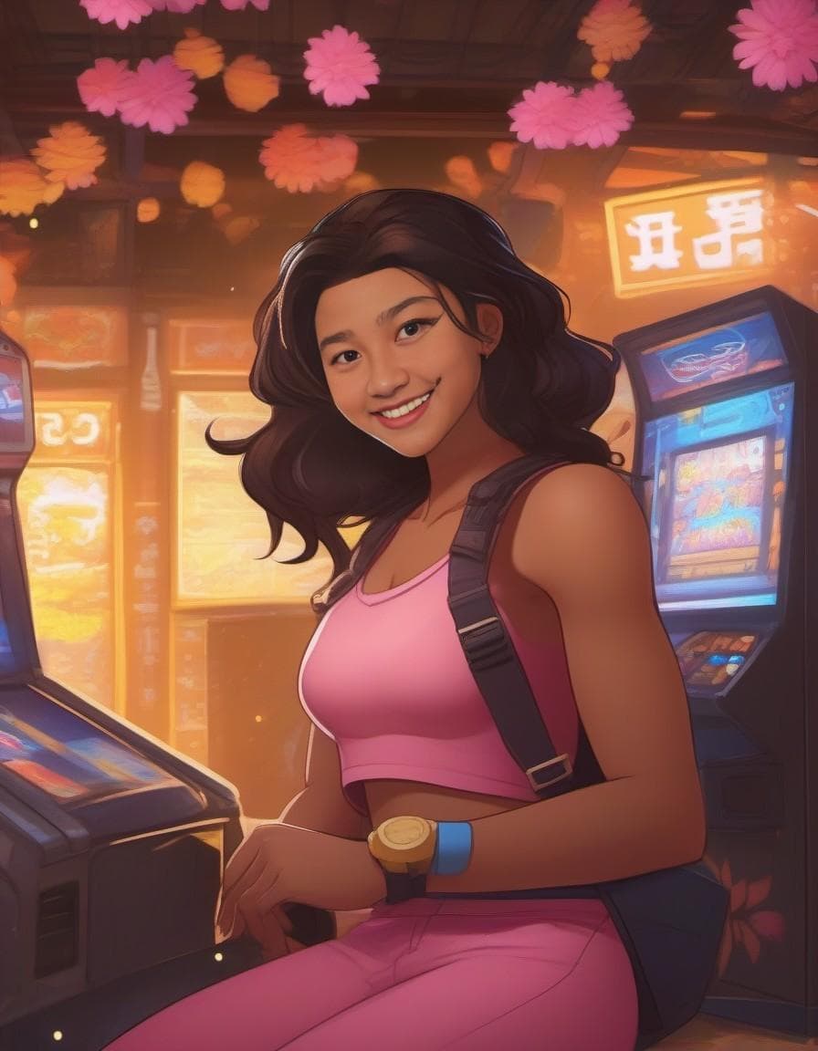 AI generated: A smiling and happy game character, 2010s Decor style, with subtle makeup, Arcade 1990s Point And Cl...