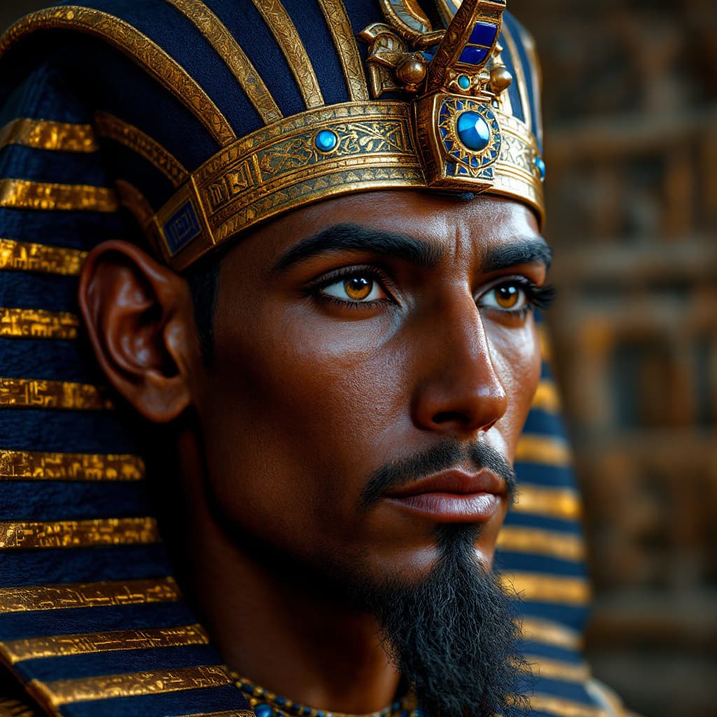 AI generated: A hyper-realistic, ultra-detailed close-up portrait of an ancient Egyptian pharaoh, centered on his ...