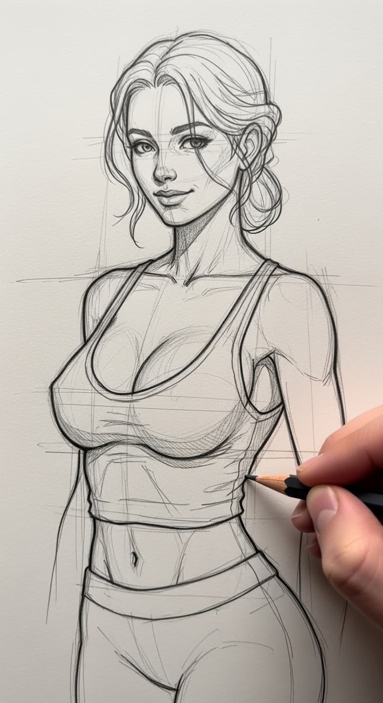 AI generated: a slim woman being drafted as a pencil sketch