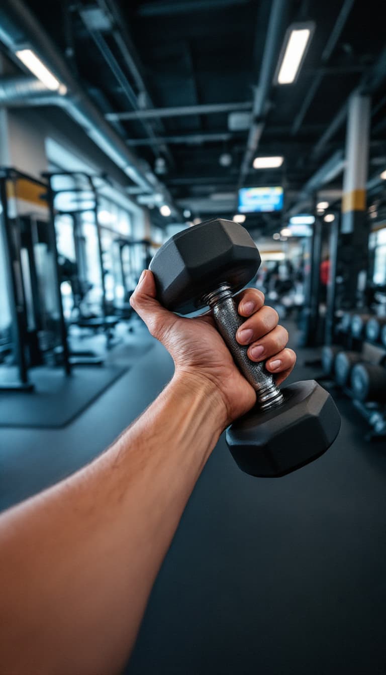 AI generated: POV, I am working out in a gym, holding a dumbbell naturally in my hand. Only my hands are visible i...