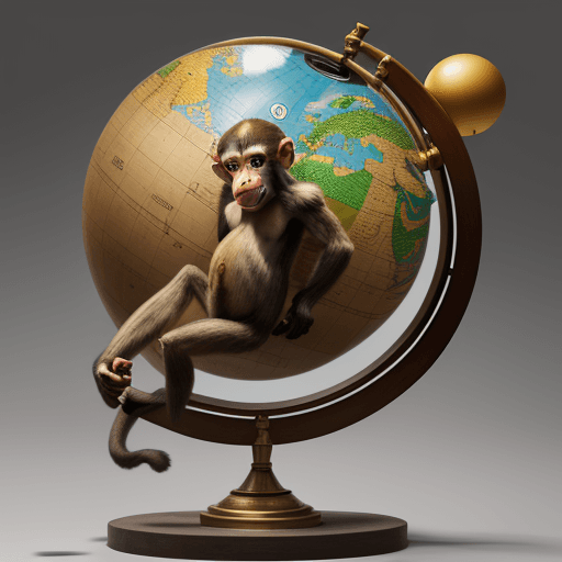 AI generated: a dancing monkey, behind the monkey a globe. The monkey should be drawn with sleek lines and a conte...