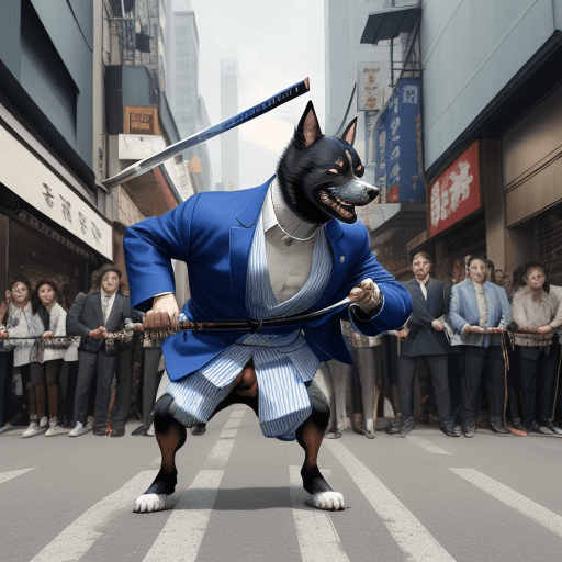 AI generated: Photo of an ultra realistic 3 headed samurai dog in a blue and white striped blazer, holding a samur...