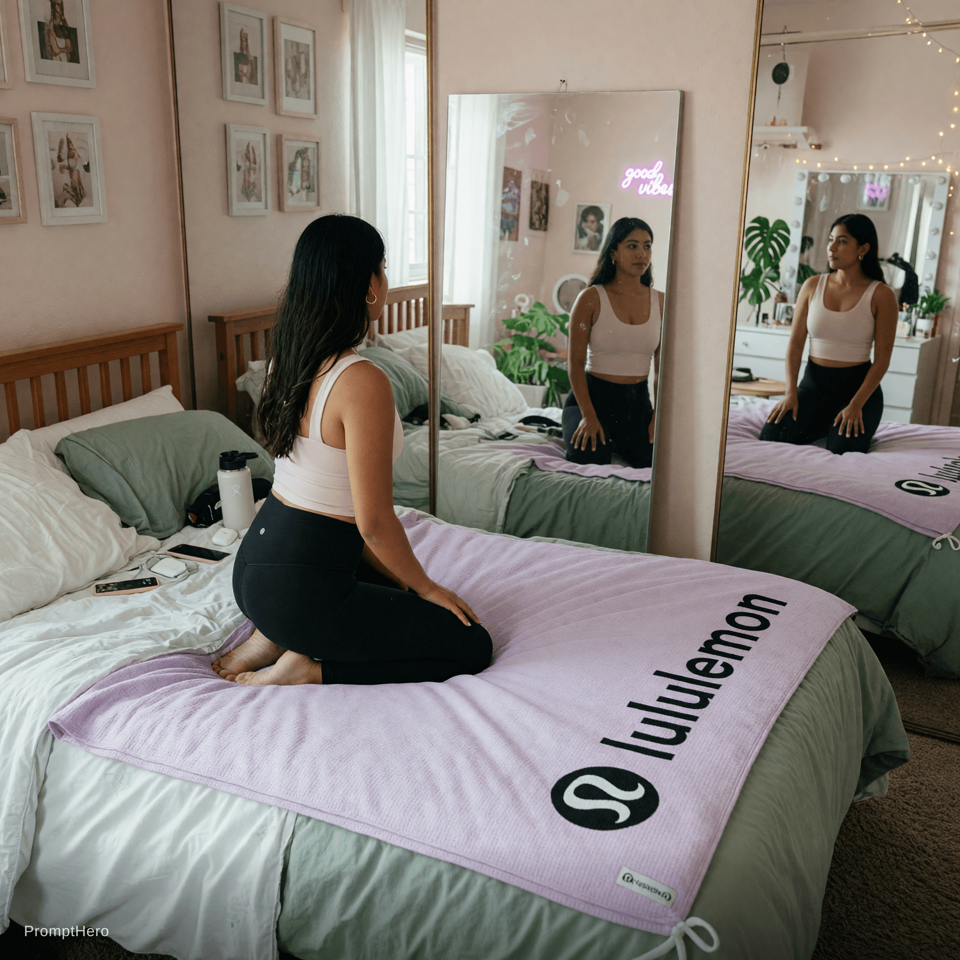 AI generated: On her knees on top of a lululemon brand blanket on a bed in her room with mirrors