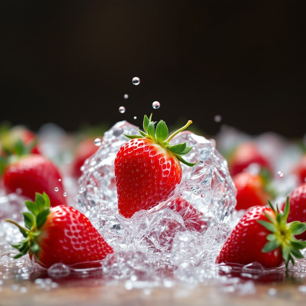 AI generated: fresh strawberries, strawberries in water, strawberries floating on cristal water