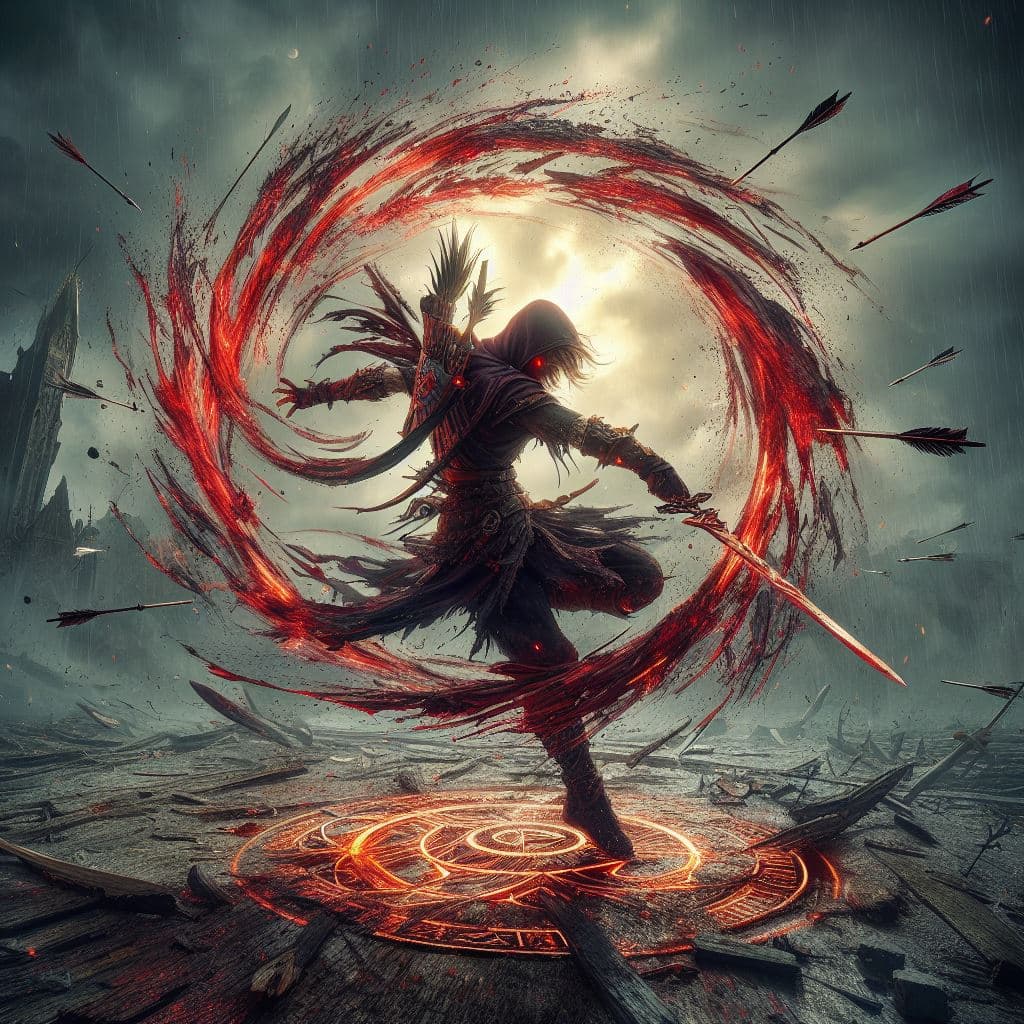 AI generated: CarnageStyle:blood_red:1.3 adult Link from Zelda, with aura around, agressively spinning around in c...