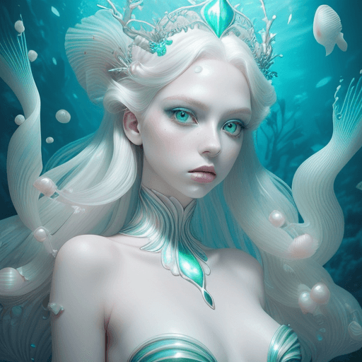 AI generated: Modelshoot Style, Beautiful albino mermaid with silky hair and big reflective green eyes, shimmering...