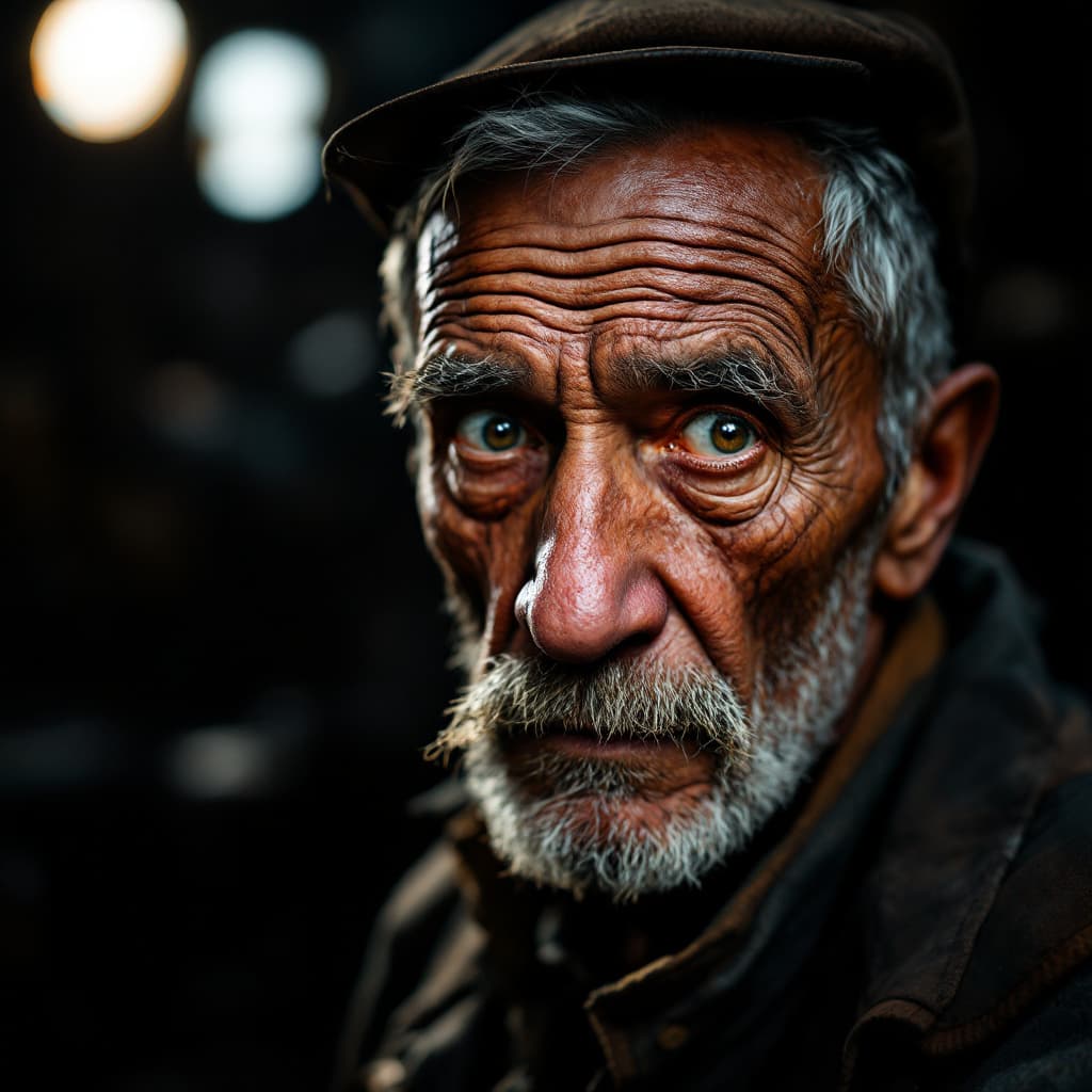 AI generated: A portrait of an old foundry worker with piercing eyes after a hard day's work, in documentary style...