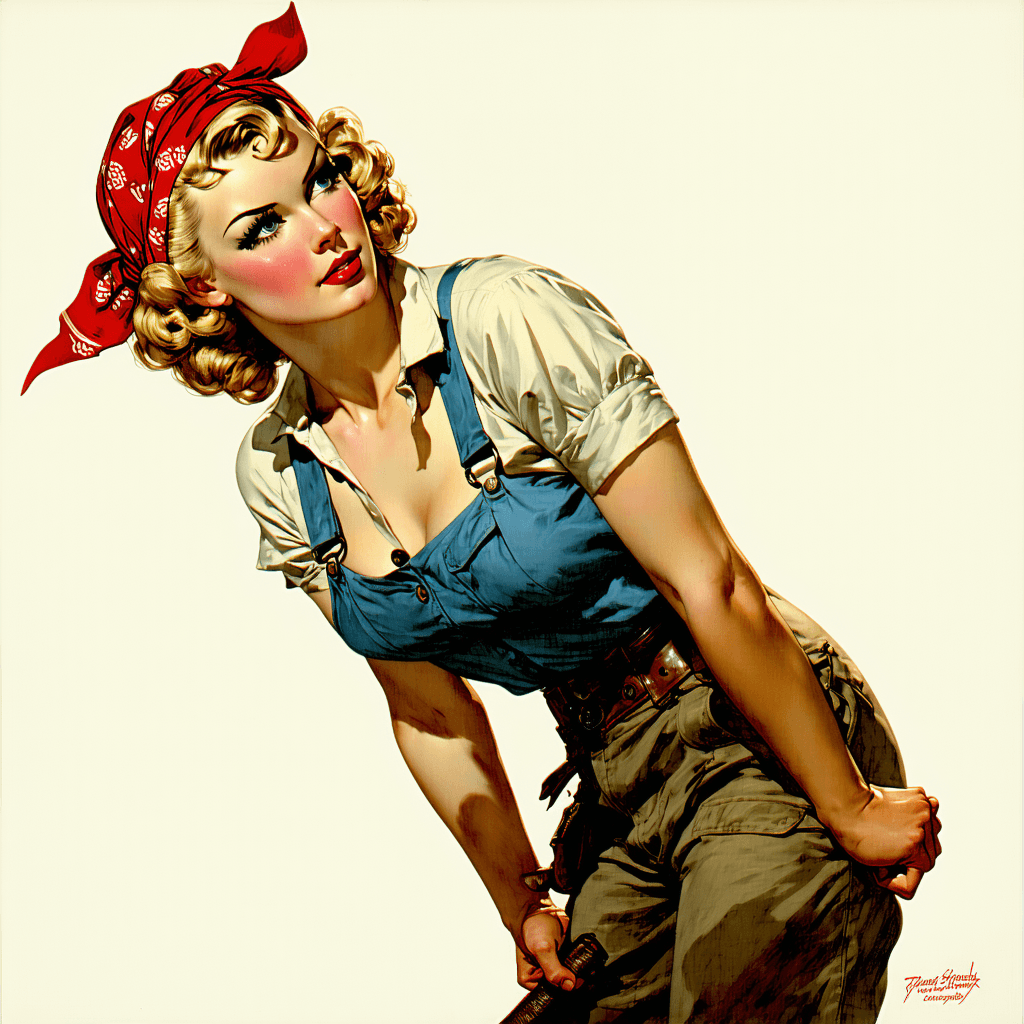 AI generated: Cover art quality illustration by ((Joseph Christian Leyendecker)), a Rosie the Riveter, 3/4 shot, f...