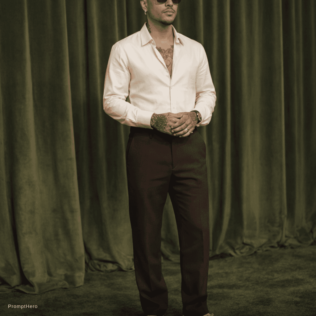 AI generated: Using this picture make the pants dark brown. Full body to show the whole outfit, including the shoe...