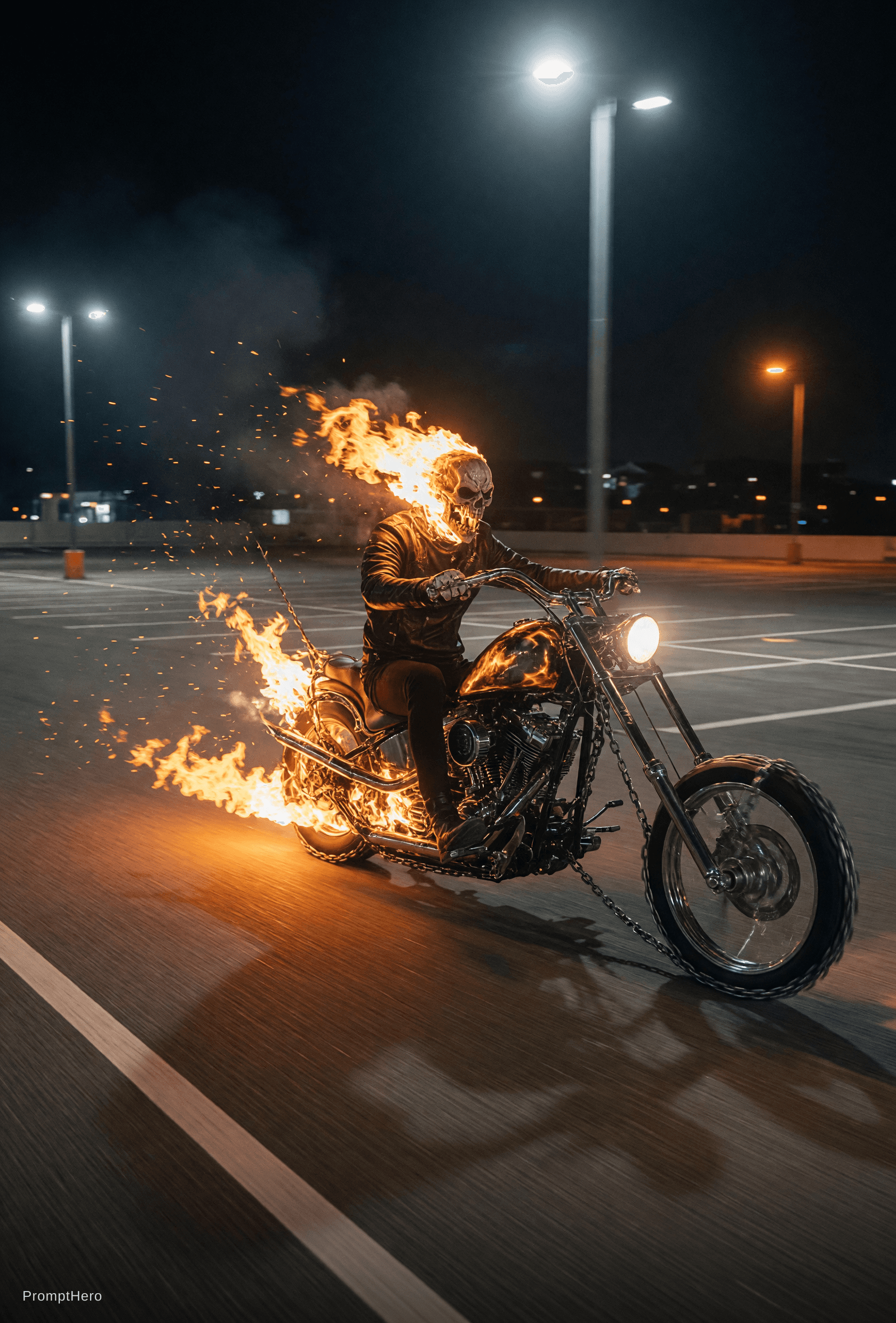 AI generated: Ghostrider's stretched flaming skull and chains motorcycle in an empty parking lot at night driving ...