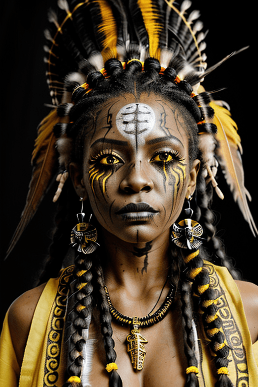 AI generated: Realistic beautiful youthful Voodoo priestess, intense expression, yellowish eyes, voodoo headdress ...