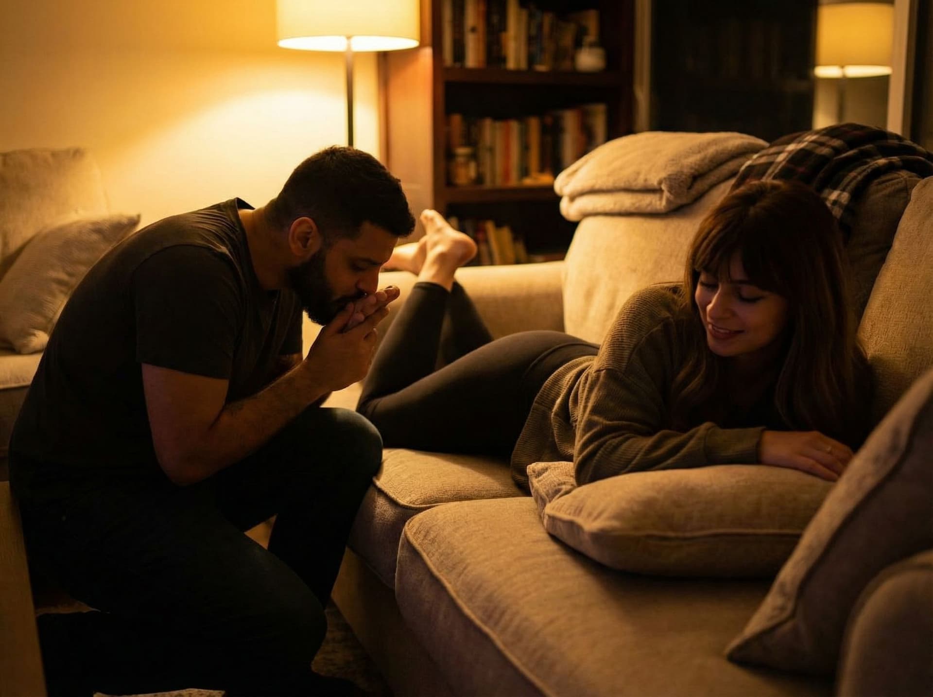 AI generated: A romantic, artistic scene of a couple — man gently kissing wife’s foot — in soft lighting, wife lay...