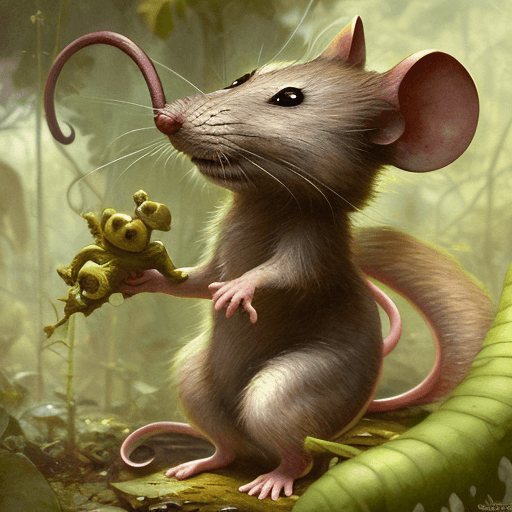 AI generated: scared cartoon mouse in the jungle , by Jean-Baptiste Monge and frank frazetta, childrens book illus...