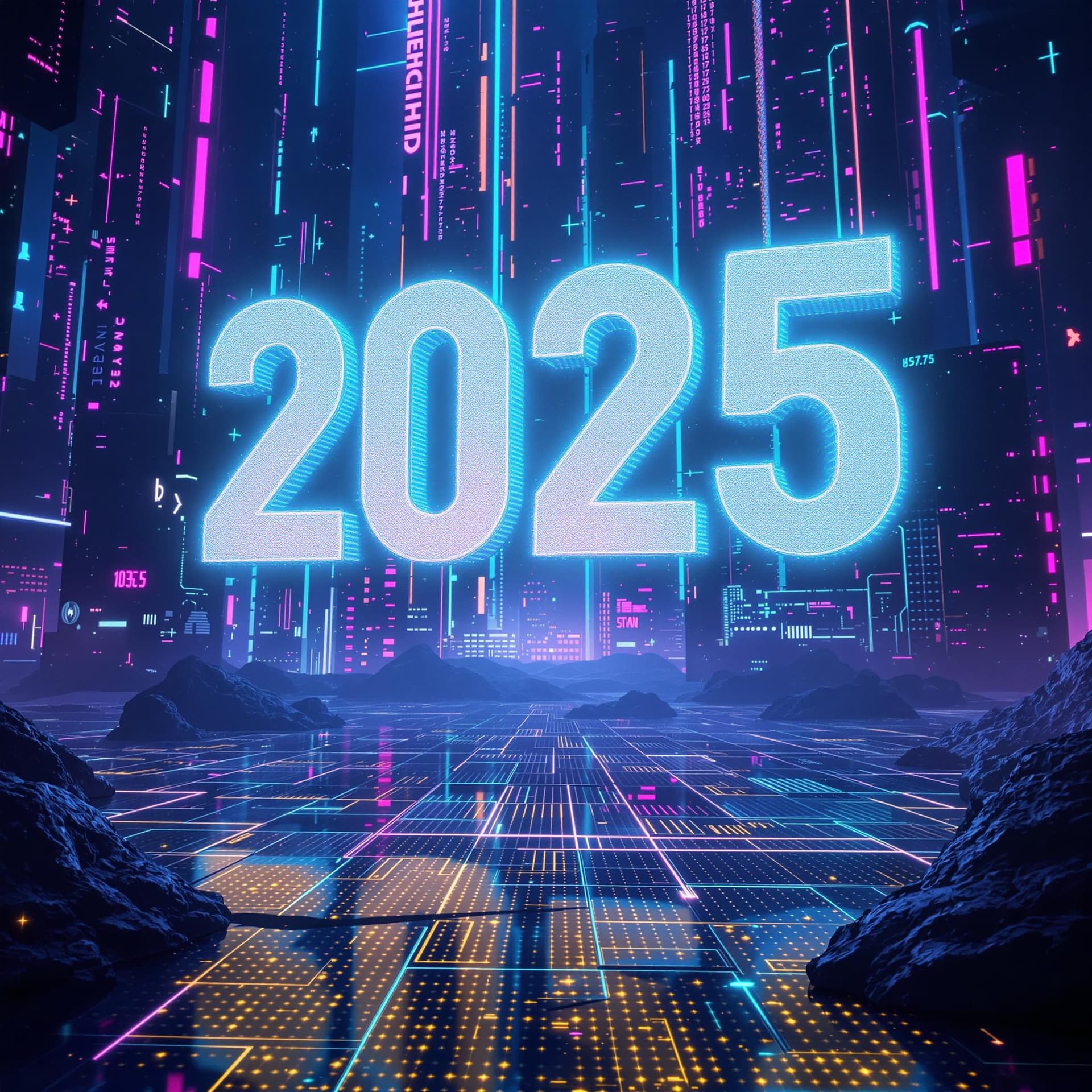 AI generated: A surreal digital landscape celebrating New Year 2025, featuring abstract holograms, glowing grids, ...