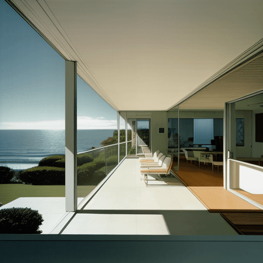 AI generated: Hyper realistic eye level exterior photo of a mid century modern style house overlooking the ocean, ...