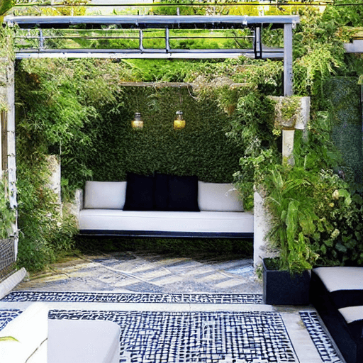 AI generated: high resolution photography garden design, dreamy pergola, seating area with sofa seating and soft w...