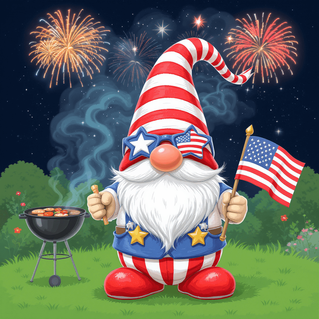 AI generated: A patriotic garden gnome in red, white, and blue attire, wearing star-shaped sunglasses and holding ...
