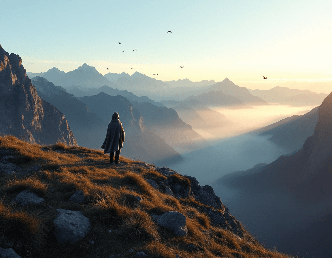 AI generated: High on a quiet, grassy mountainside, a lone figure wrapped in a blanket stands at the edge of a cli...