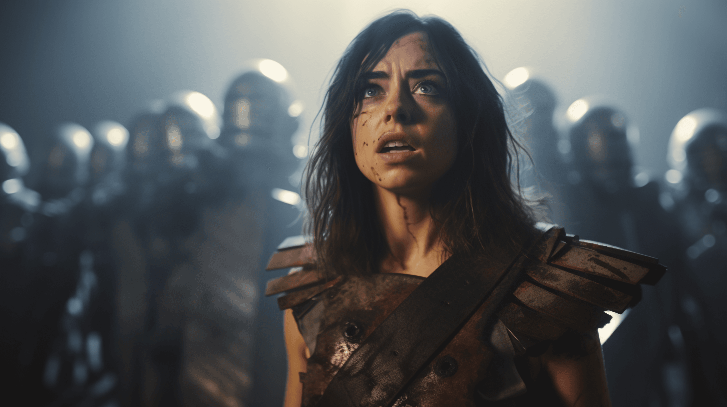AI generated: aubrey plaza as an apocalyptic warrior, 16-35mm lens, f/1.8, global illumination, natural light, upl...