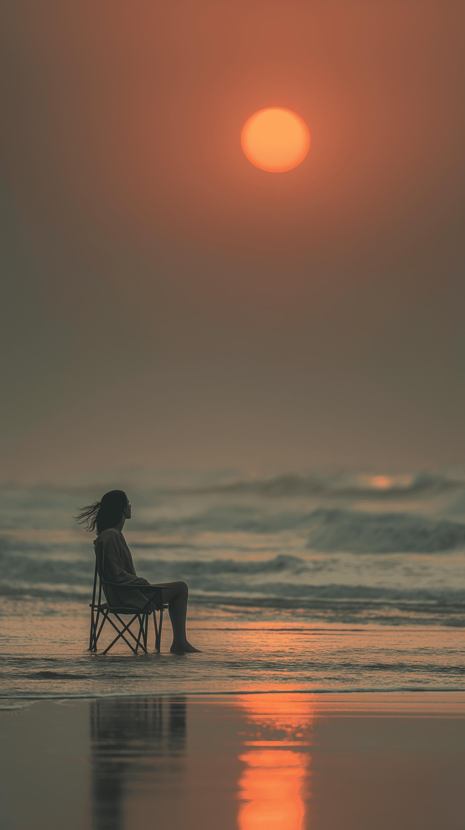 AI generated: cinematic seascape, warm color grading, long-lens compression, straight horizon, large sun near uppe...