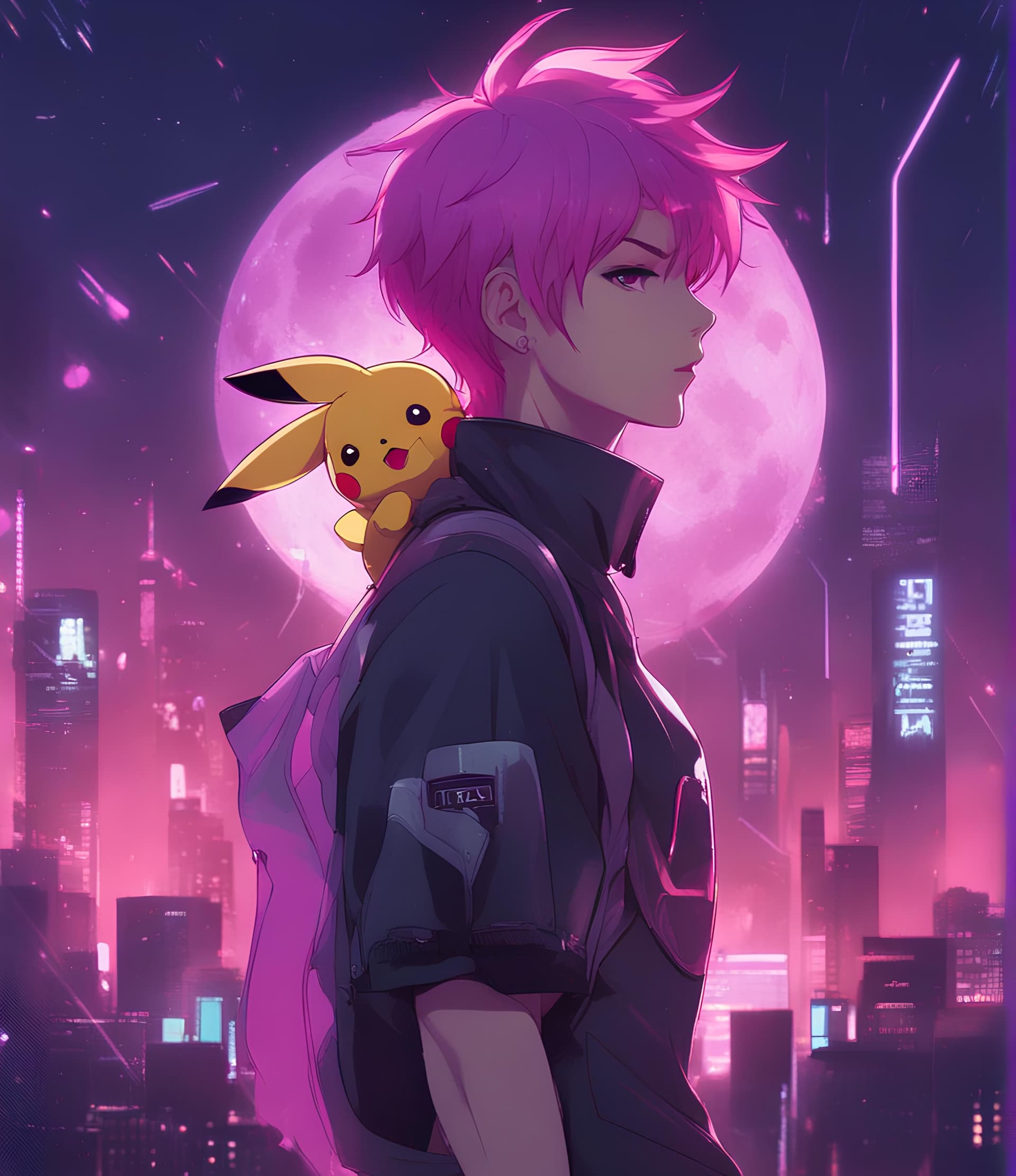 AI generated: a person with pink hair holding a pikachu, inspired by Yanjun Cheng, trending on pixiv, magical real...