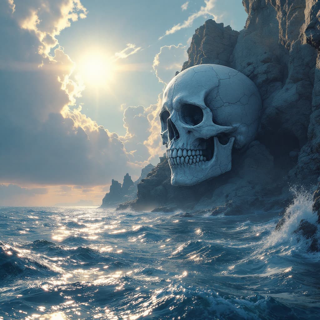 AI generated: the sky in the background, in the style of realism with fantasy elements, skull motifs, light-filled...