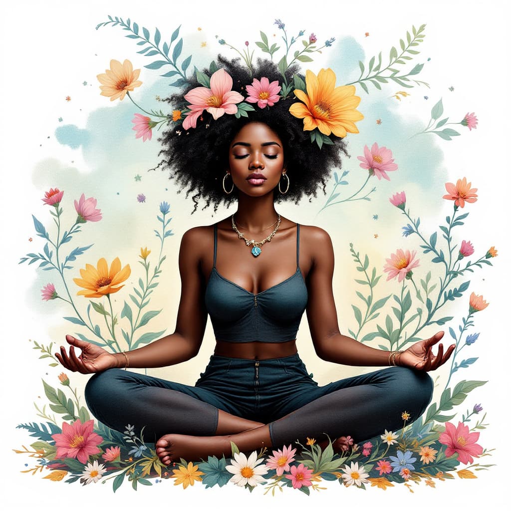 AI generated: Blooming expressive human body of an african woman, meditation pause, different emotions such as sad...