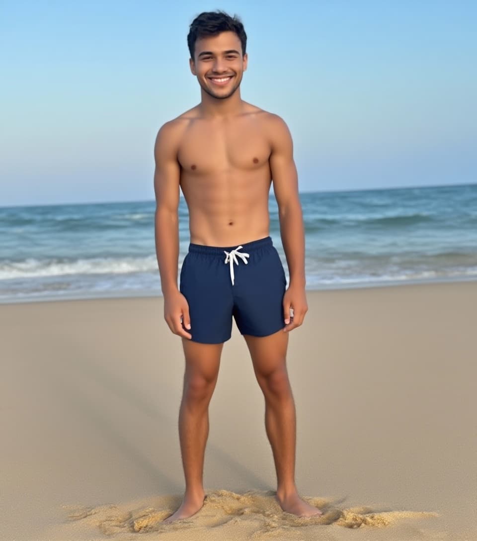 AI generated: coloca a este joven de 22 años en la playa, mirando de frente a la camara, de cuerpo entero, con las...