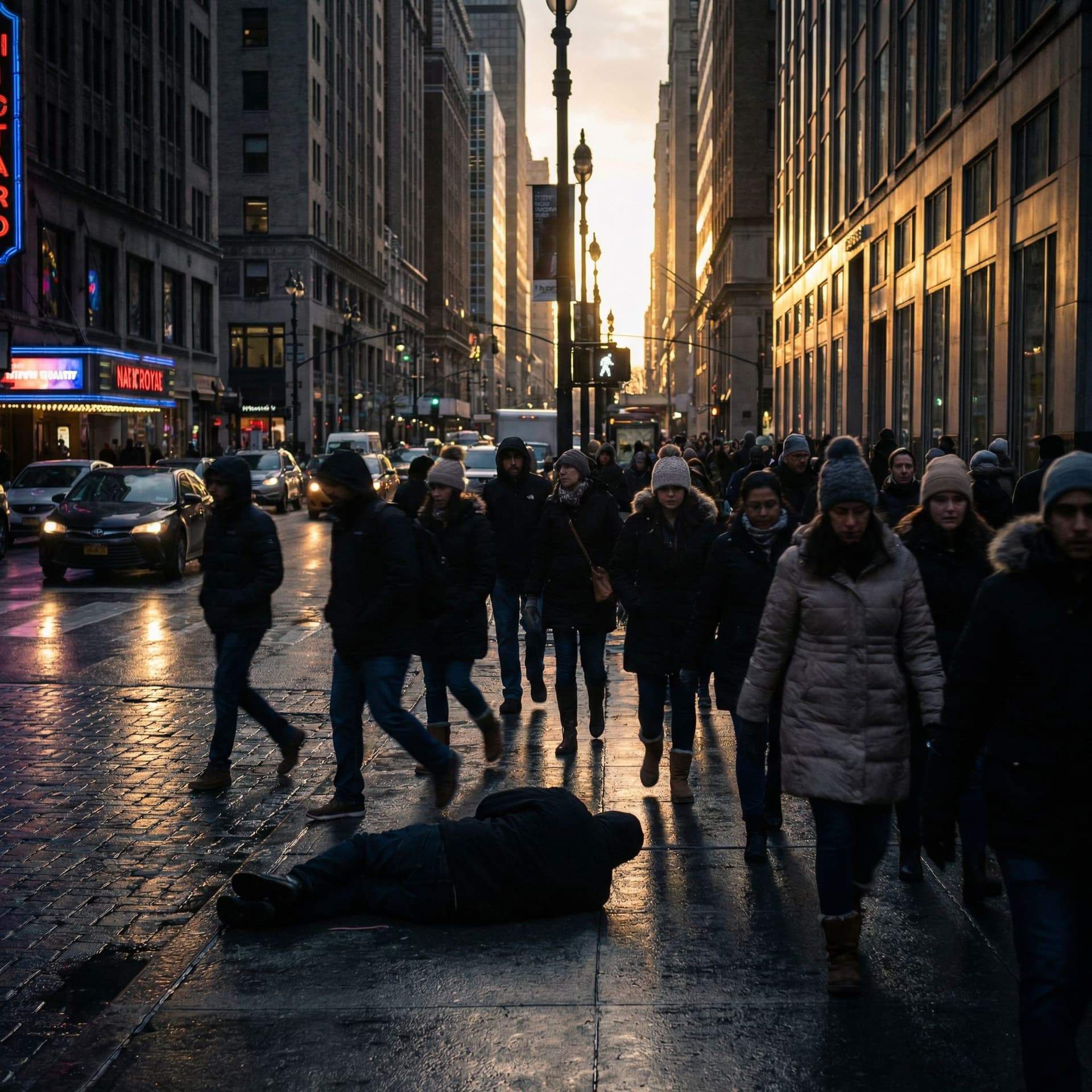 AI generated: Crowd of faceless people ignoring a person falling on street, cinematic lighting, dramatic, photorea...