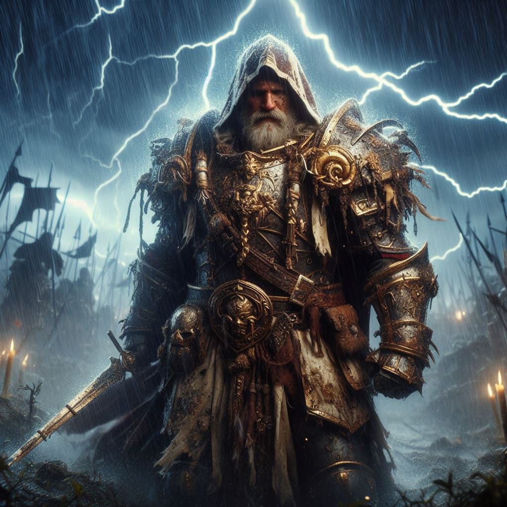 AI generated: Amidst the chaos of a rain-soaked battlefield, Alaric, a battle-hardened dwarven knight, stands reso...