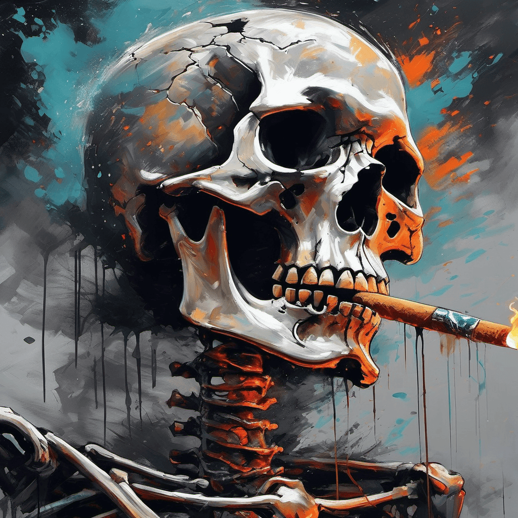 AI generated: acrylic painting, splatter and drip painting technique, portrait of a smoking skeleton, side view, g...