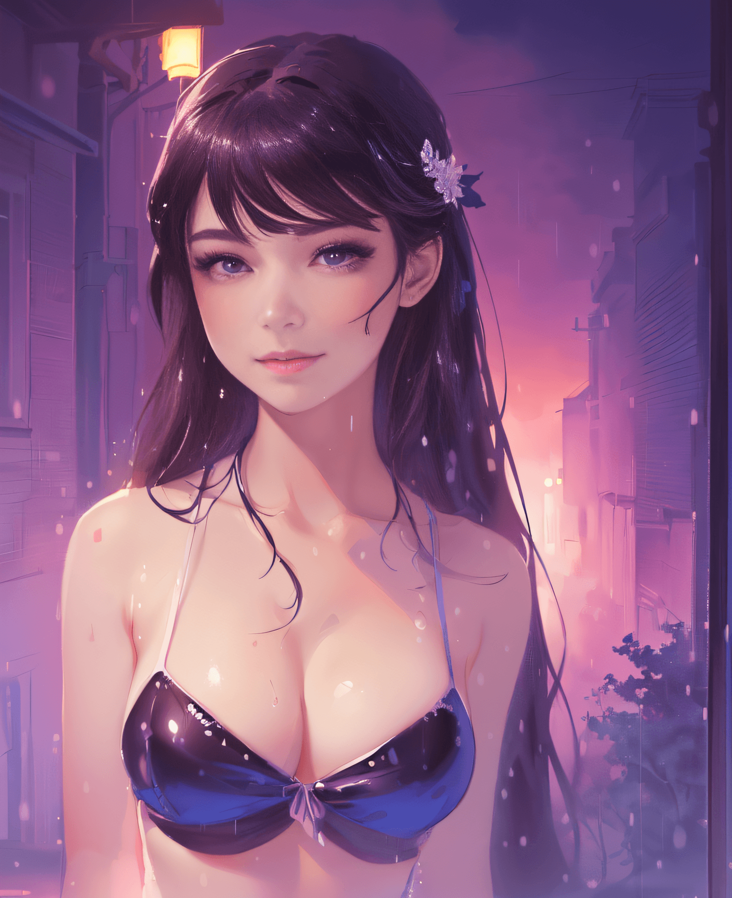AI generated: anime girl in a bikini in the rain, beautiful anime girl, beautiful anime woman, artwork in the styl...