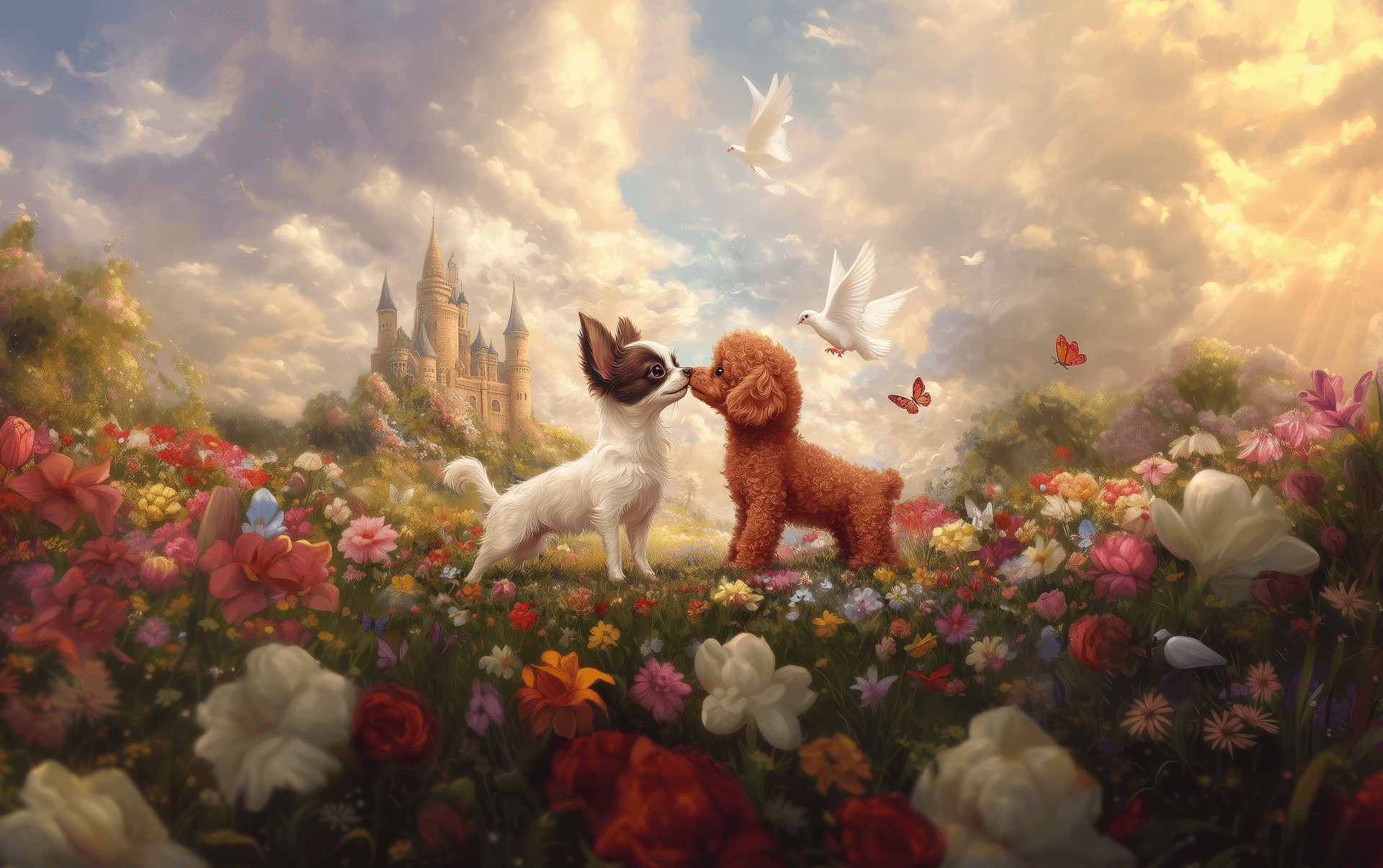 AI generated: A small fluffy chocolate and white Chihuahua and a red brown toy Poodle sniffing each other, in a li...
