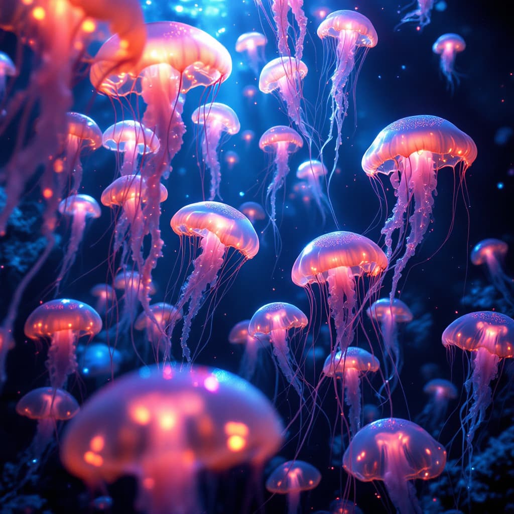 AI generated: 25.	a school of jellyfish glowing neon under the deep sea, light beams from above --v 7 --style ethe...