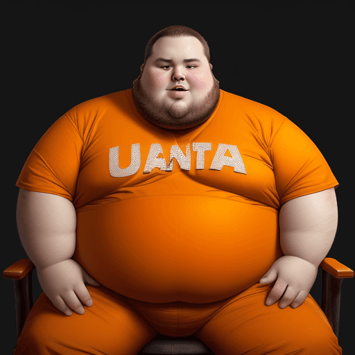 AI generated: A picture of a fat man sitting on a chair wearing orange colored clothes, dark brown hair, black eye...
