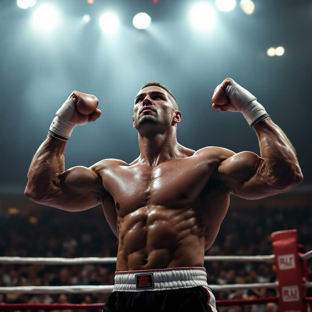 AI generated: photograph,a muscular boxer in the ring flexes his chiseled biceps, sweat glistening under intense s...