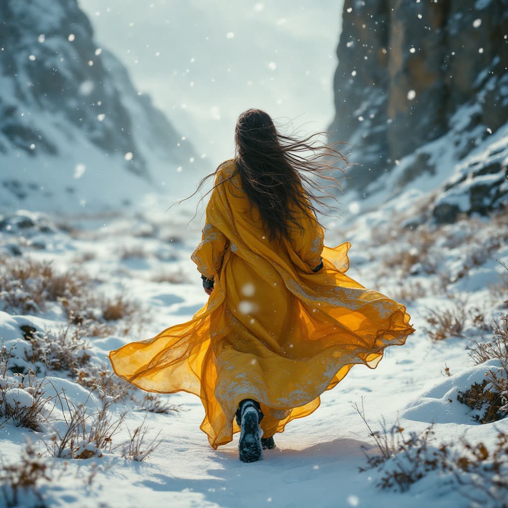 AI generated: a woman with long hair walking through a frozen landscape with snow fall, in the style of cinematic ...