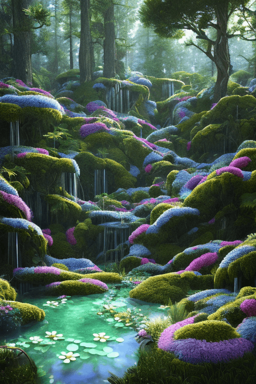 AI generated: relaxing night Forest flower crystals::4 emitting glitter garden landscape with pool of clear water ...