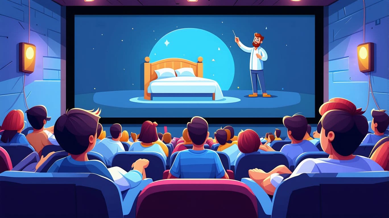 AI generated: People in beds in a movie theater are looking at the screen. And on the screen, a teacher with a poi...