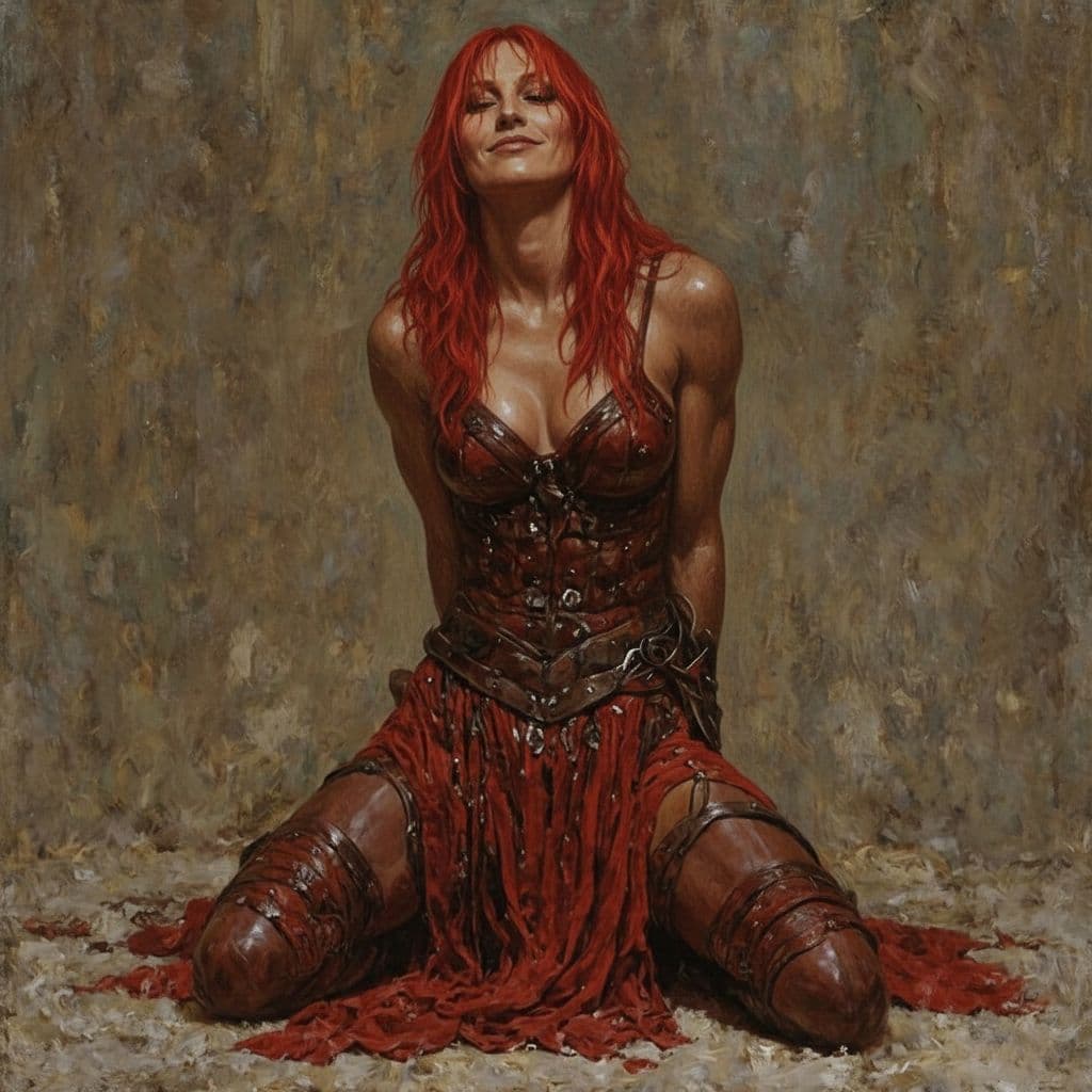 AI generated: red sonya bound and on the floor kneeling in her armor. there is a smirk of defiance on her face as ...